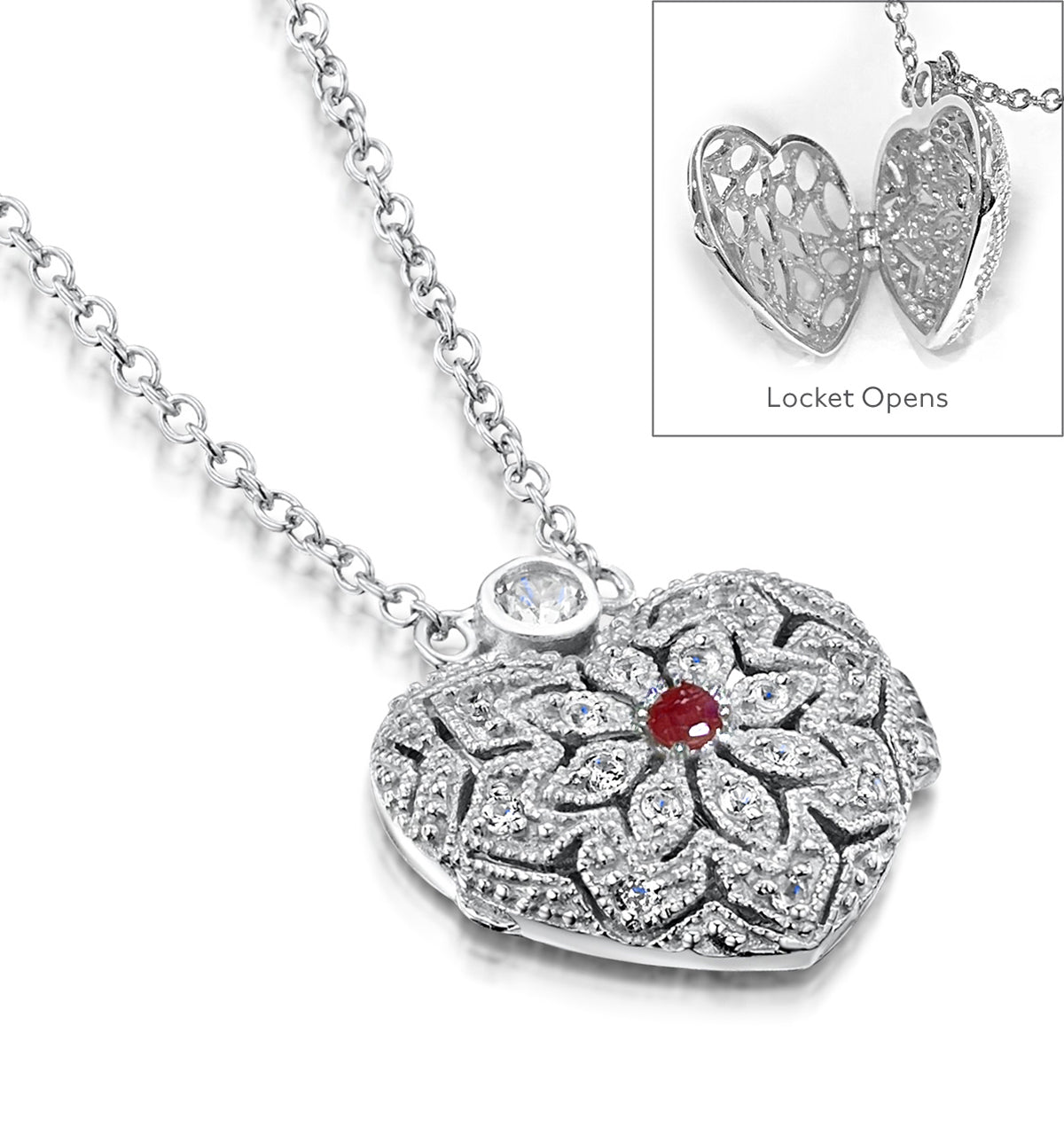 Ruby July Birthstone Vintage Locket Necklace and White Topaz in Silver